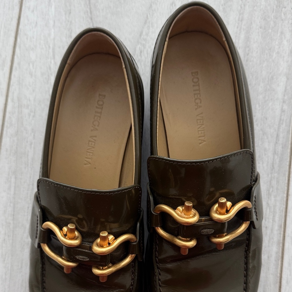 Bottega Veneta Dark Green Loafers with Gold Accents size 37.5 - Picture 3 of 4